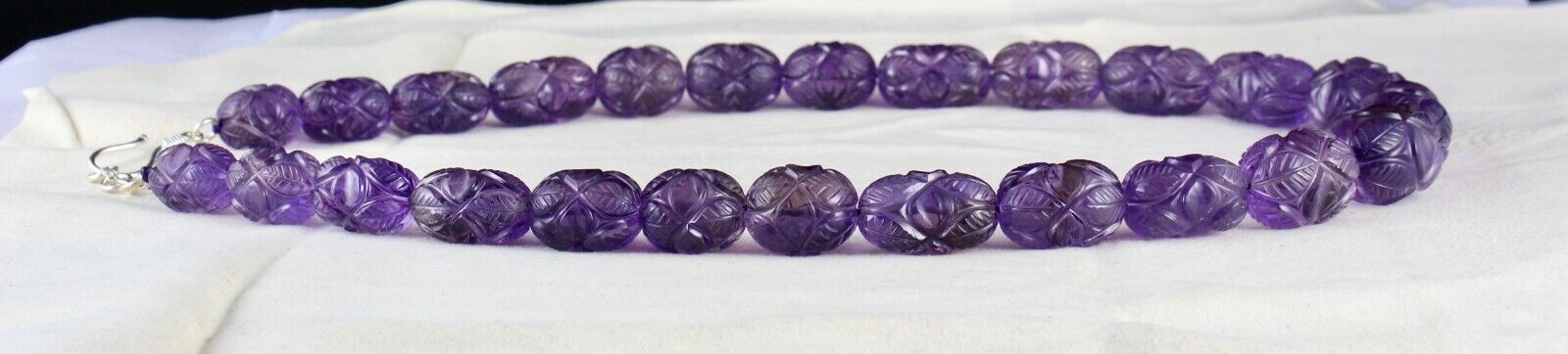 Vintage Natural Amethyst Beaded Engraved Long 926 Ct Gemstone Silver Necklace