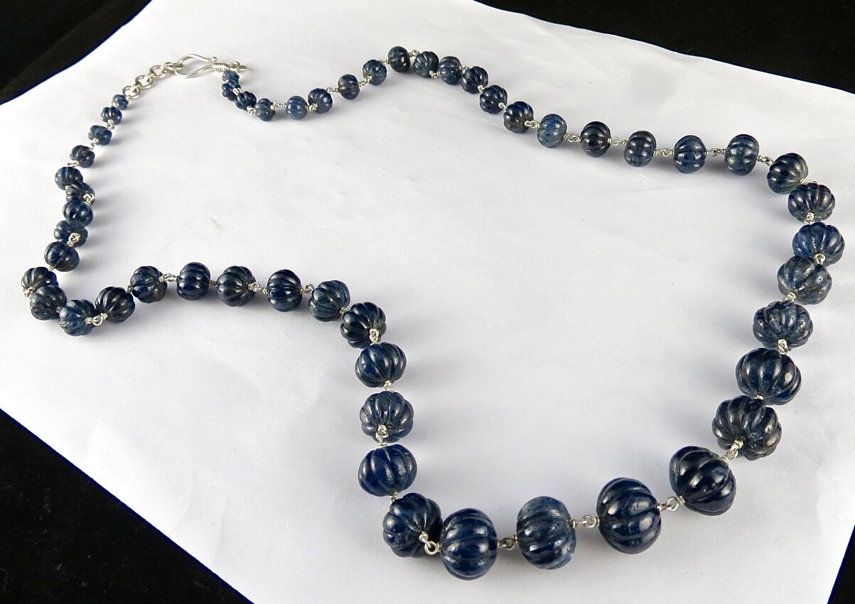 Old Natural Blue Sapphire Beads Carved Melon 552 Carats Gemstone Silver Necklace