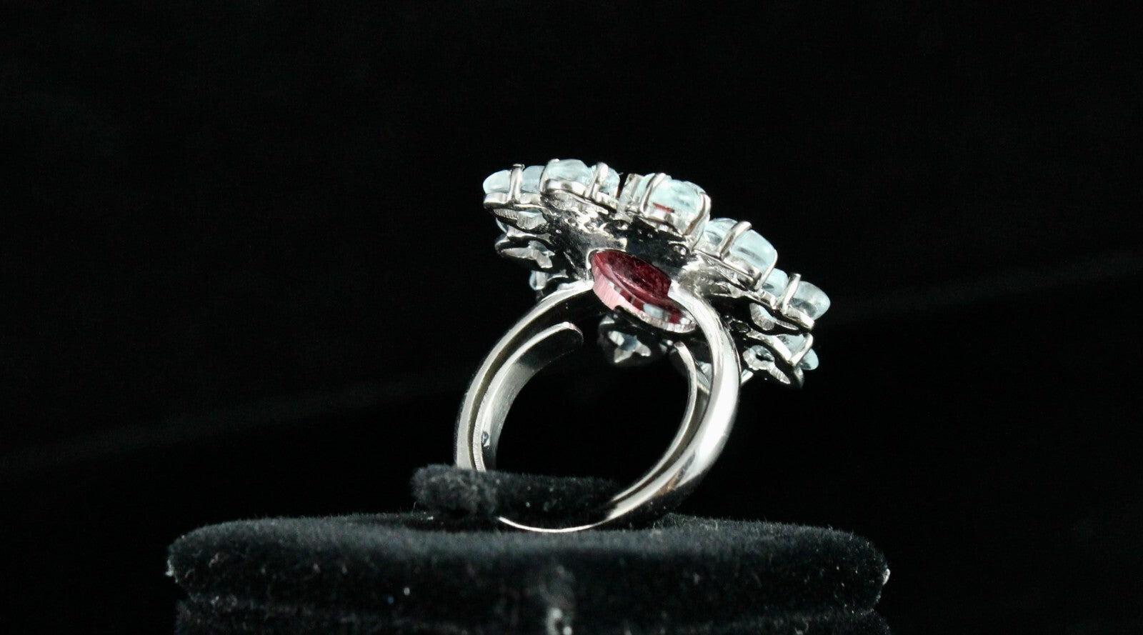 Antique Pink Tourmaline 10ct Aquamarine Carved Sterling Silver Victorian Ring