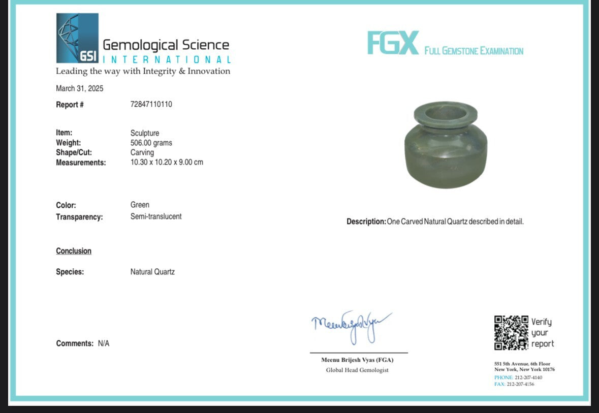 Natural Green Quartz 2534 Ct Certified Carved Gemstone Pot For Home Decor