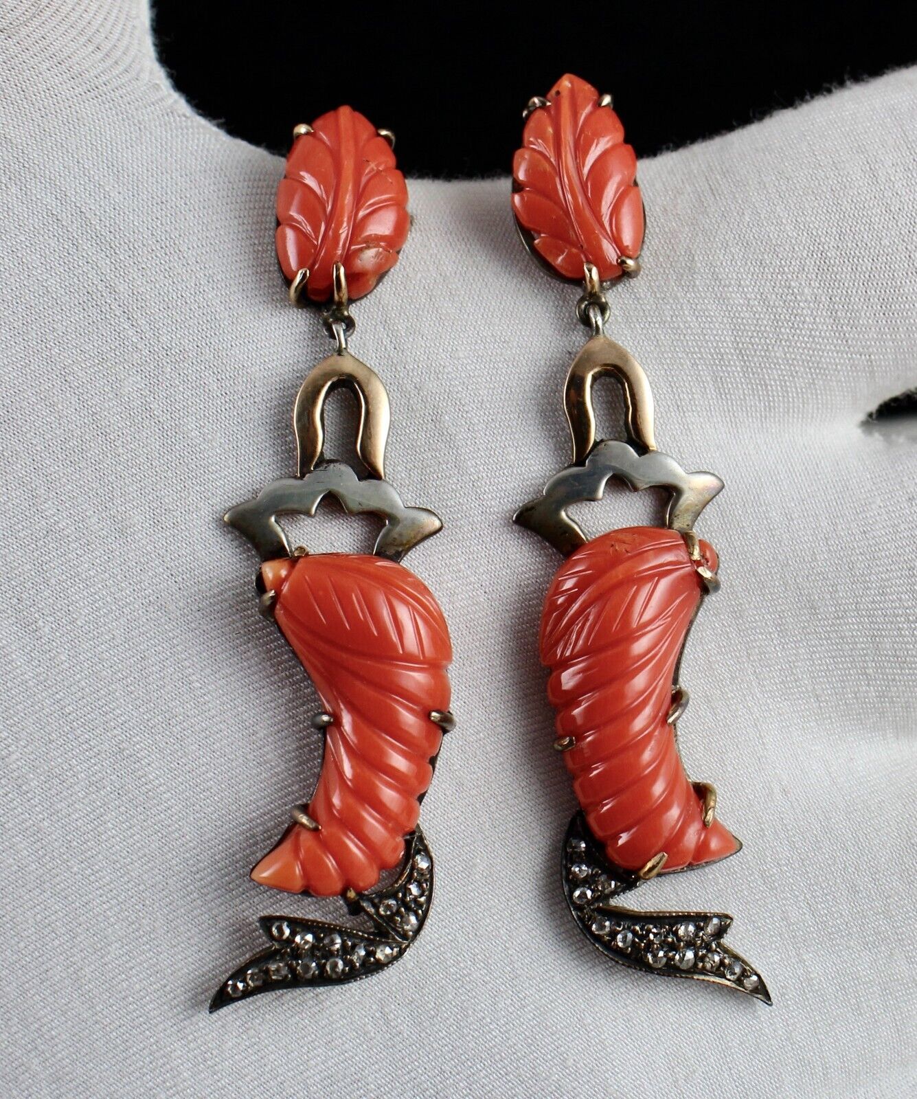 Estate Natural Red Coral Carved Diamond 18K Gold Silver Dangle Victorian Earring