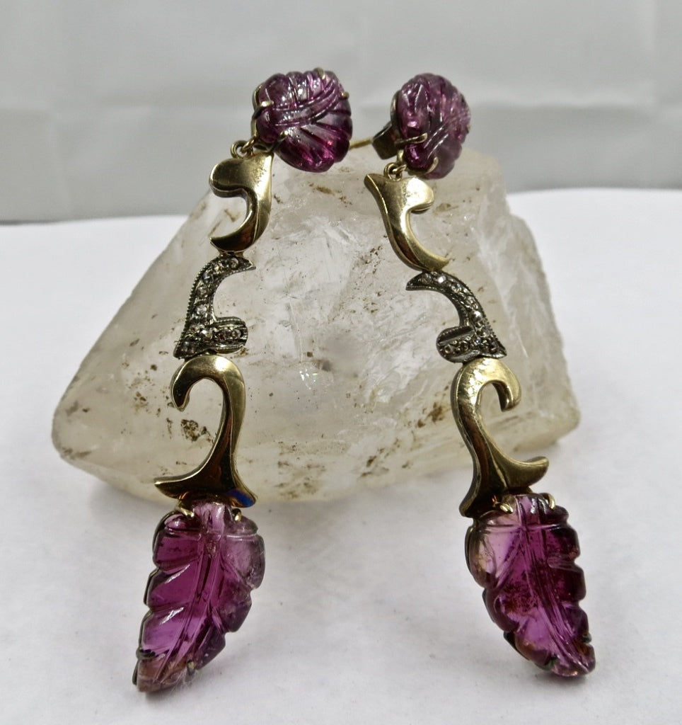 Estate Pink Tourmaline 67ct Natural Diamond 18k Gold Sterling Silver Earrings
