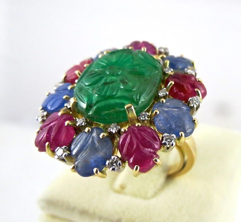 Natural Untreated Emerald Ruby Blue Sapphire Carved Diamond 18K Gold Fine Ring