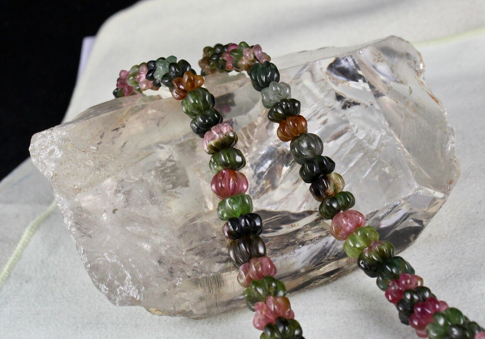 NATURAL MULTI TOURMALINE BEADS MELON CARVED 353 CARATS GEMSTONE SILVER NECKLACE