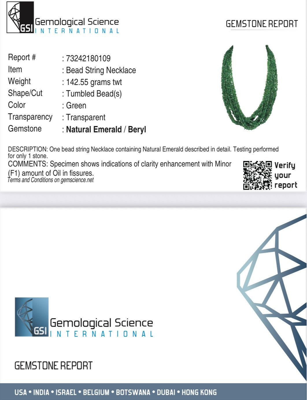 Vintage Natural Emerald Bead Necklace 11L 711 Ct Uncut Certified Gemstone Silver