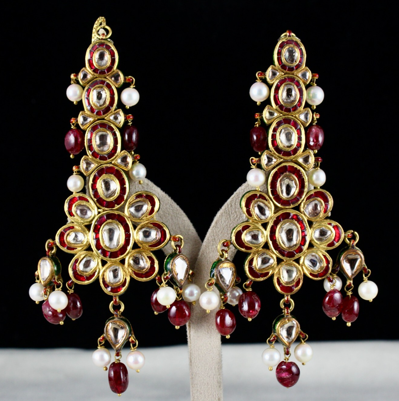 Certified Natural Diamond Spinel Pearl 10ct 22k Gold Jadau Kundan Earrings