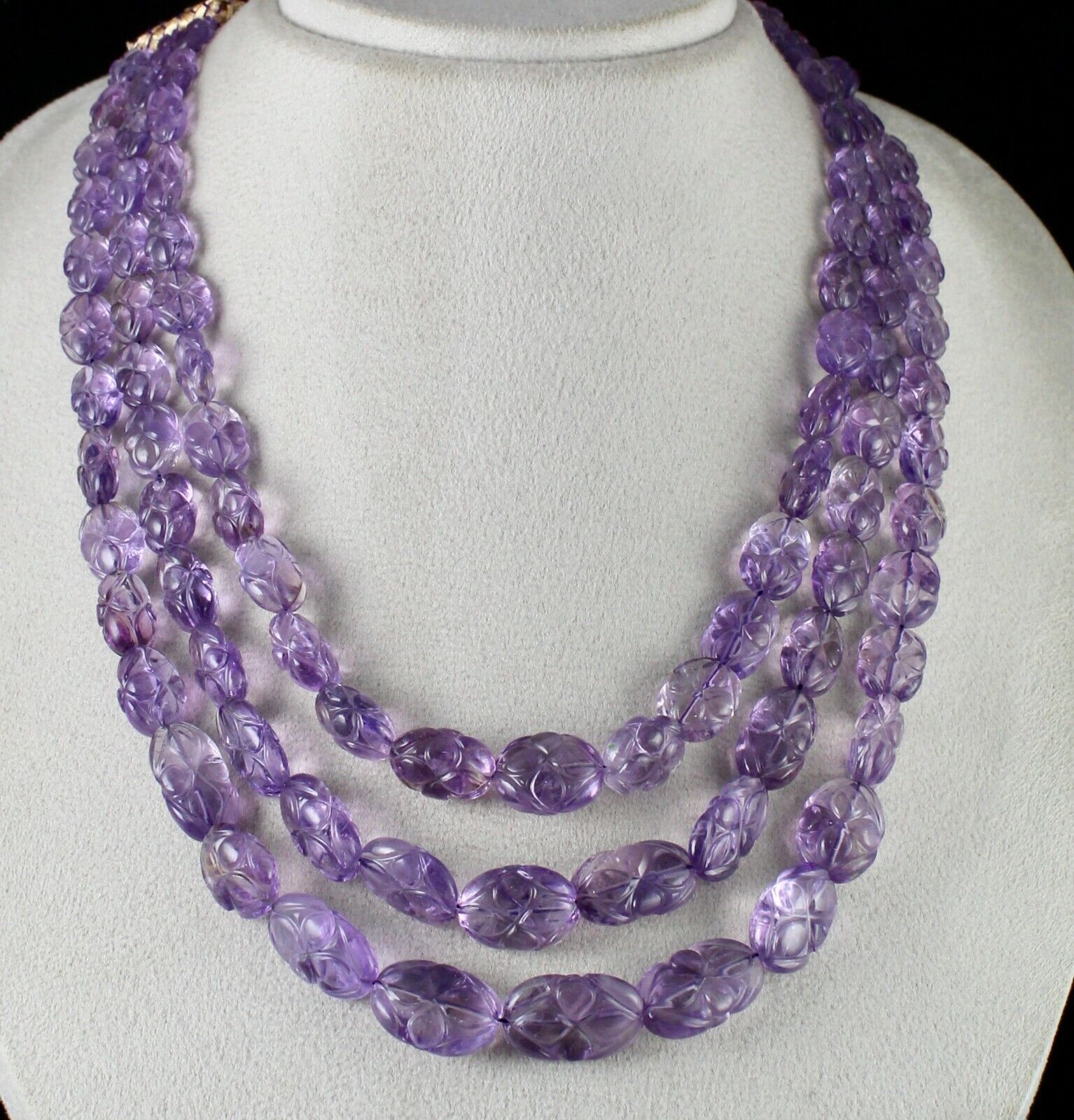 Amethyst Beads Carved Oval 3 Line 754 Carats Natural Gemstone Antique Necklace