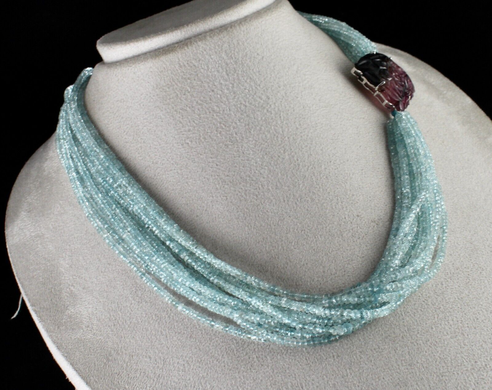 NATURAL BLUE AQUAMARINE BEADS MULTI TOURMALINE CARVED GEMSTONE DESIGNER NECKLACE