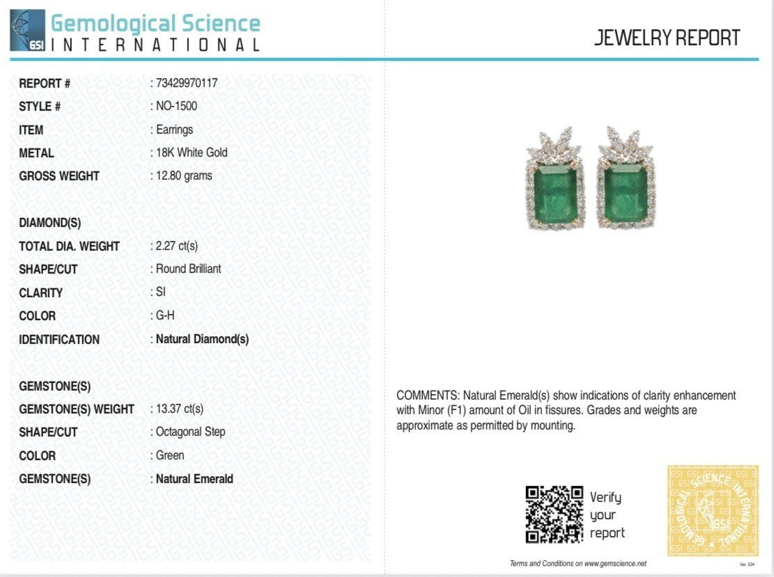 Certified Natural Zambian Emerald 64ct Natural Diamond 18k Gold Stud Earrings