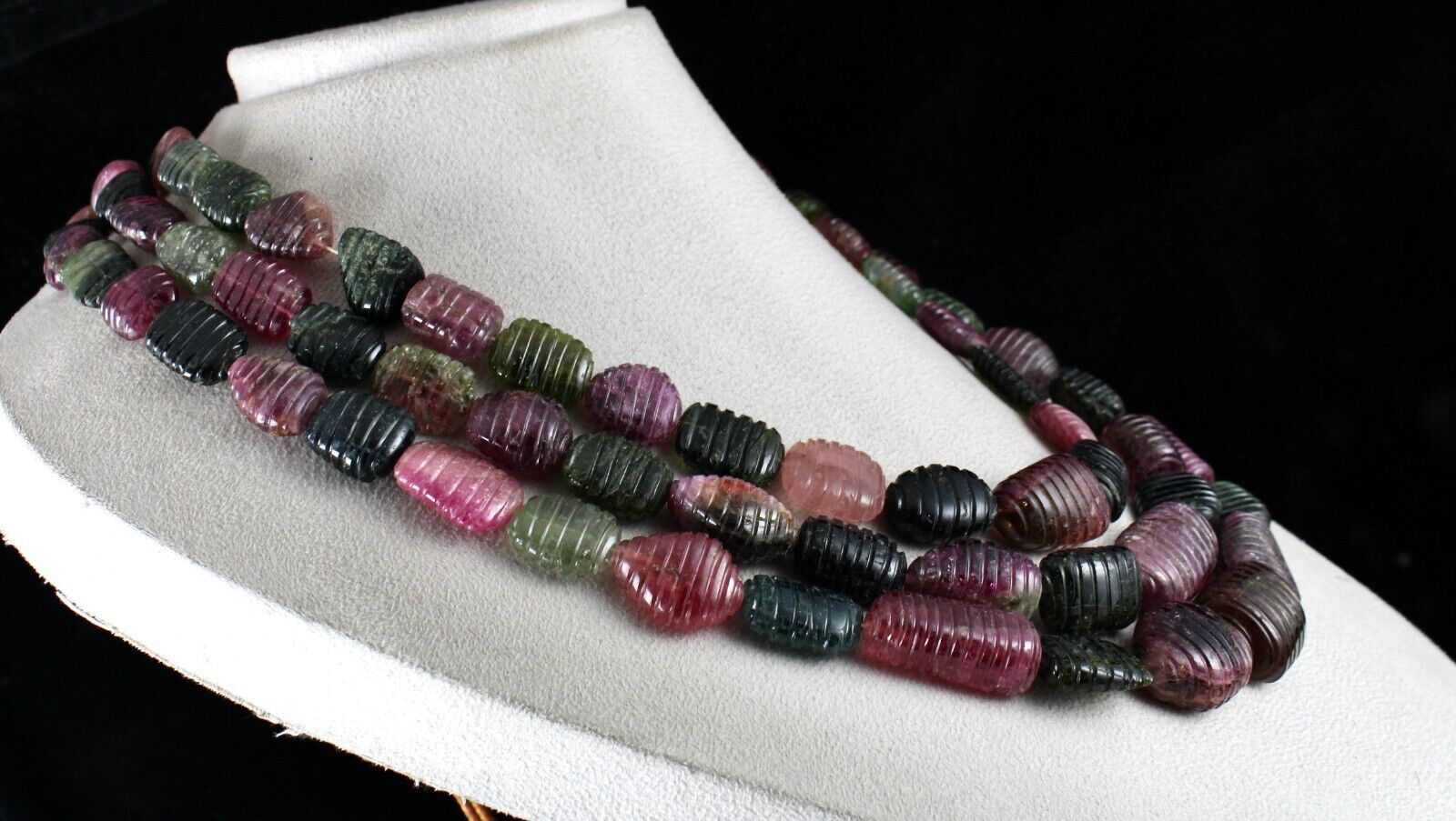 NATURAL MULTI TOURMALINE BEADS CARVED TUMBLE 3 LINE 1942 CTS GEMSTONE NECKLACE