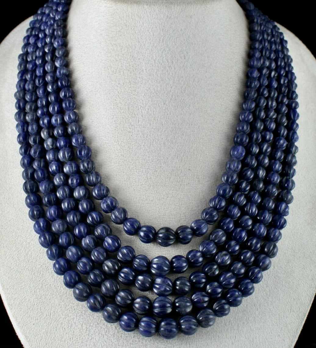 NATURAL BLUE JADE BEADS CARVED ROUND GEMSTONE 5 LINE 1217 CTS FASHION NECKLACE