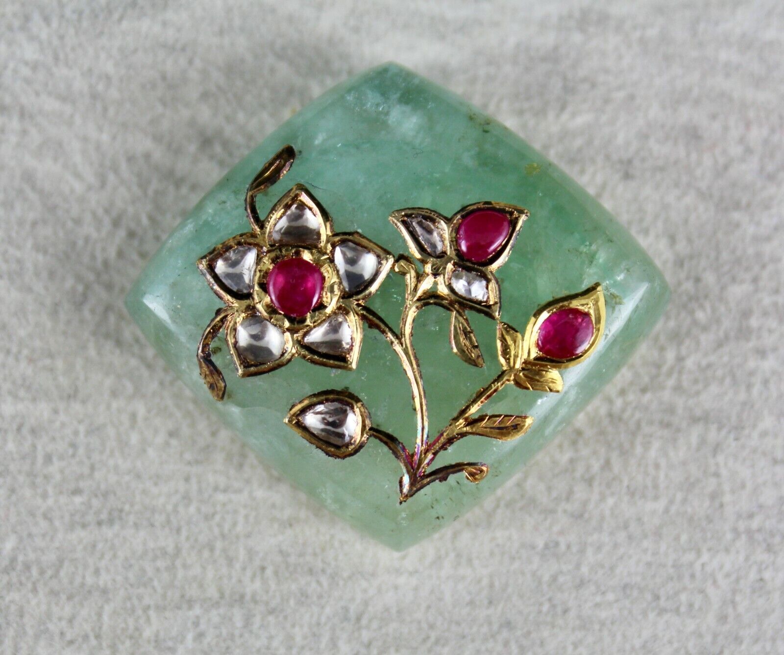 FINEST MUGHAL COLOMBIAN EMERALD CABOCHON GEMSTONE RUBY & DIAMOND IN 22K GOLD