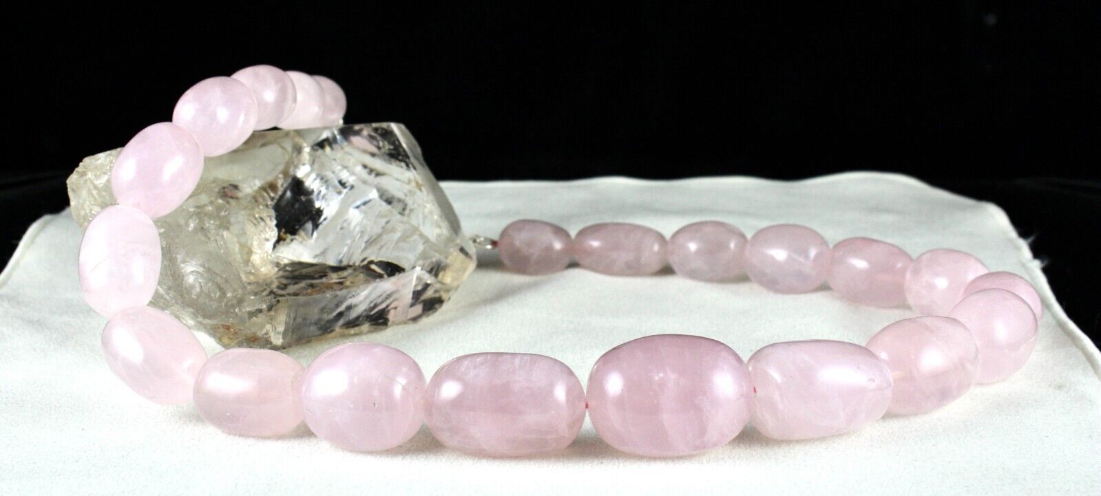 34MM NATURAL ROSE QUARTZ BEADS LONG CABOCHON 1642 CTS GEMSTONE SILVER NECKLACE