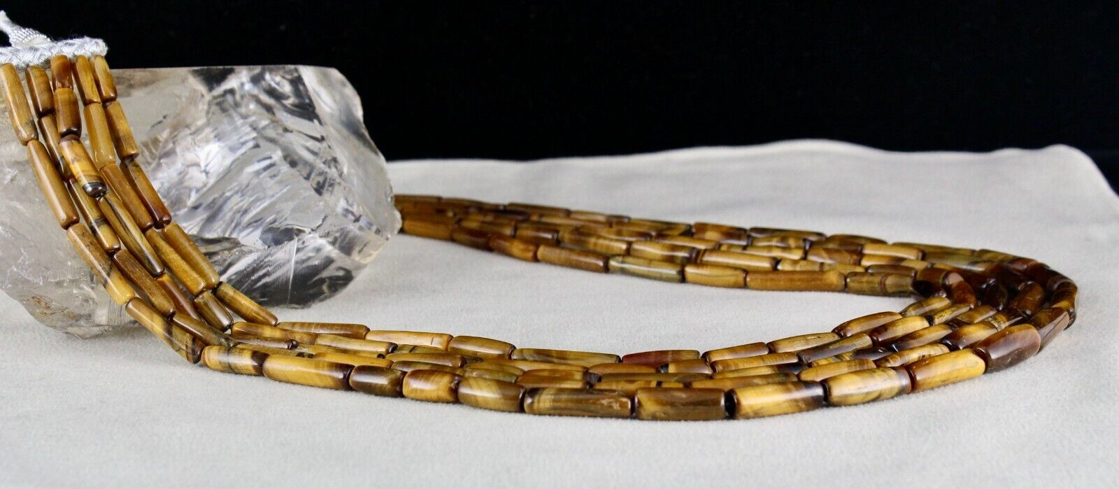 NATURAL TIGER'S EYE TUBE FANCY BEADS 5 LINE 514 CARATS GEMSTONE FASHION NECKLACE