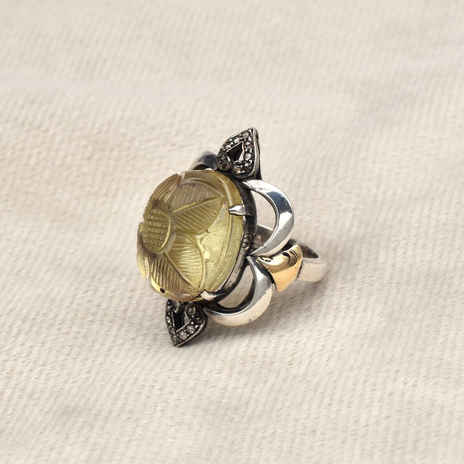 Antique Lemon Quartz Carved Diamond 18k Gold 925 Silver Ladies Victorian Ring