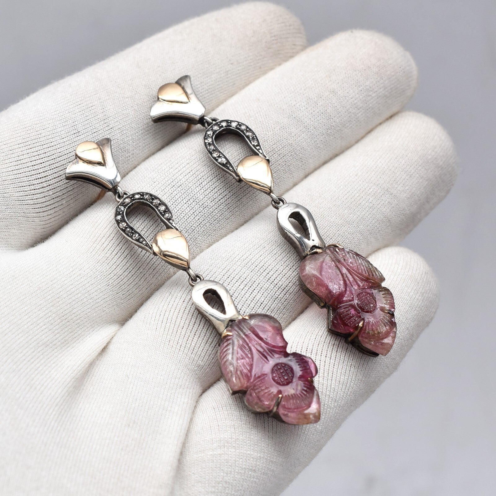 Natural Tourmaline 10ct Carved Natural Diamond 18k Gold Sterling Silver Earrings