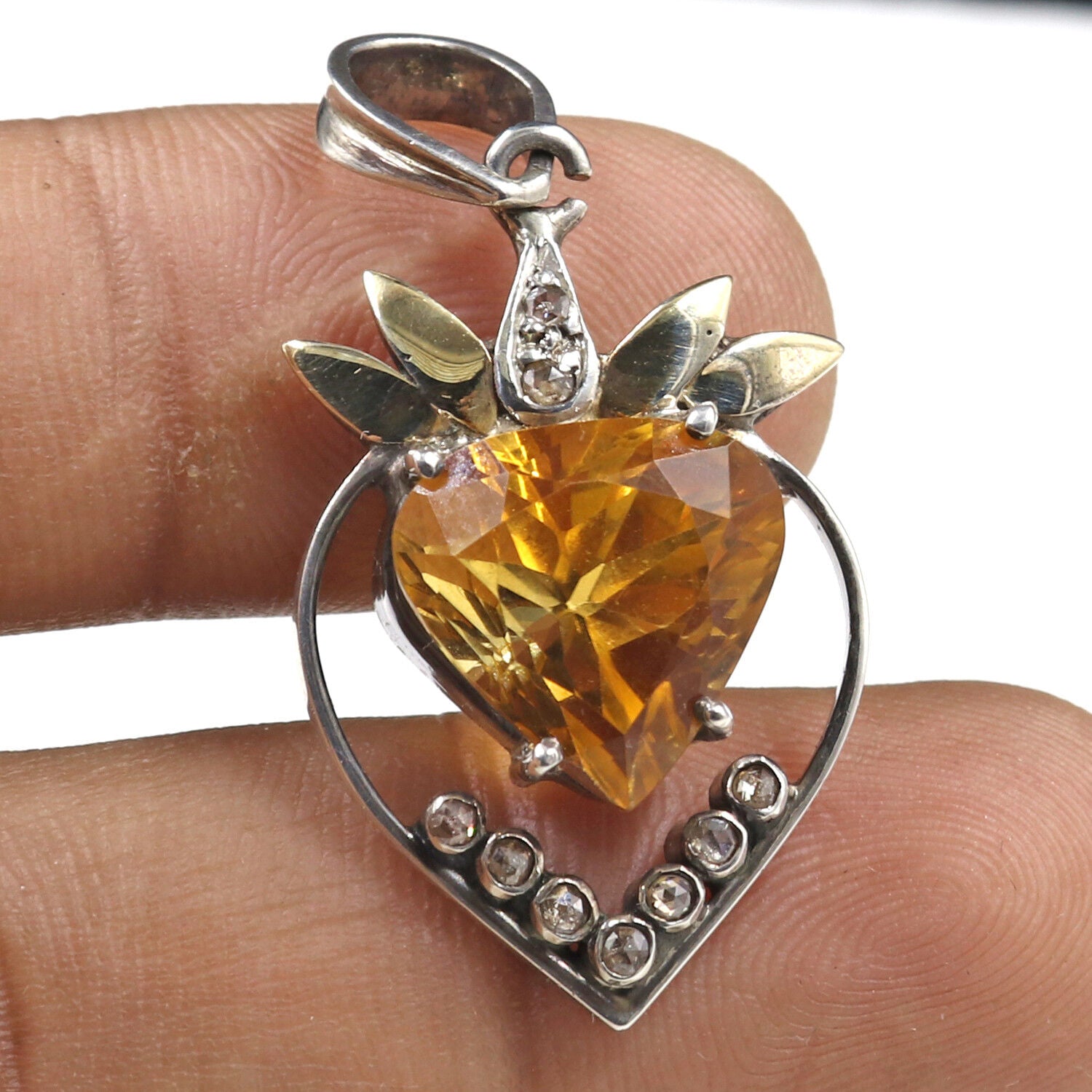 Natural Citrine Heart Cut Diamond 18K Gold 925 Silver Victorian Gemstone Pendant