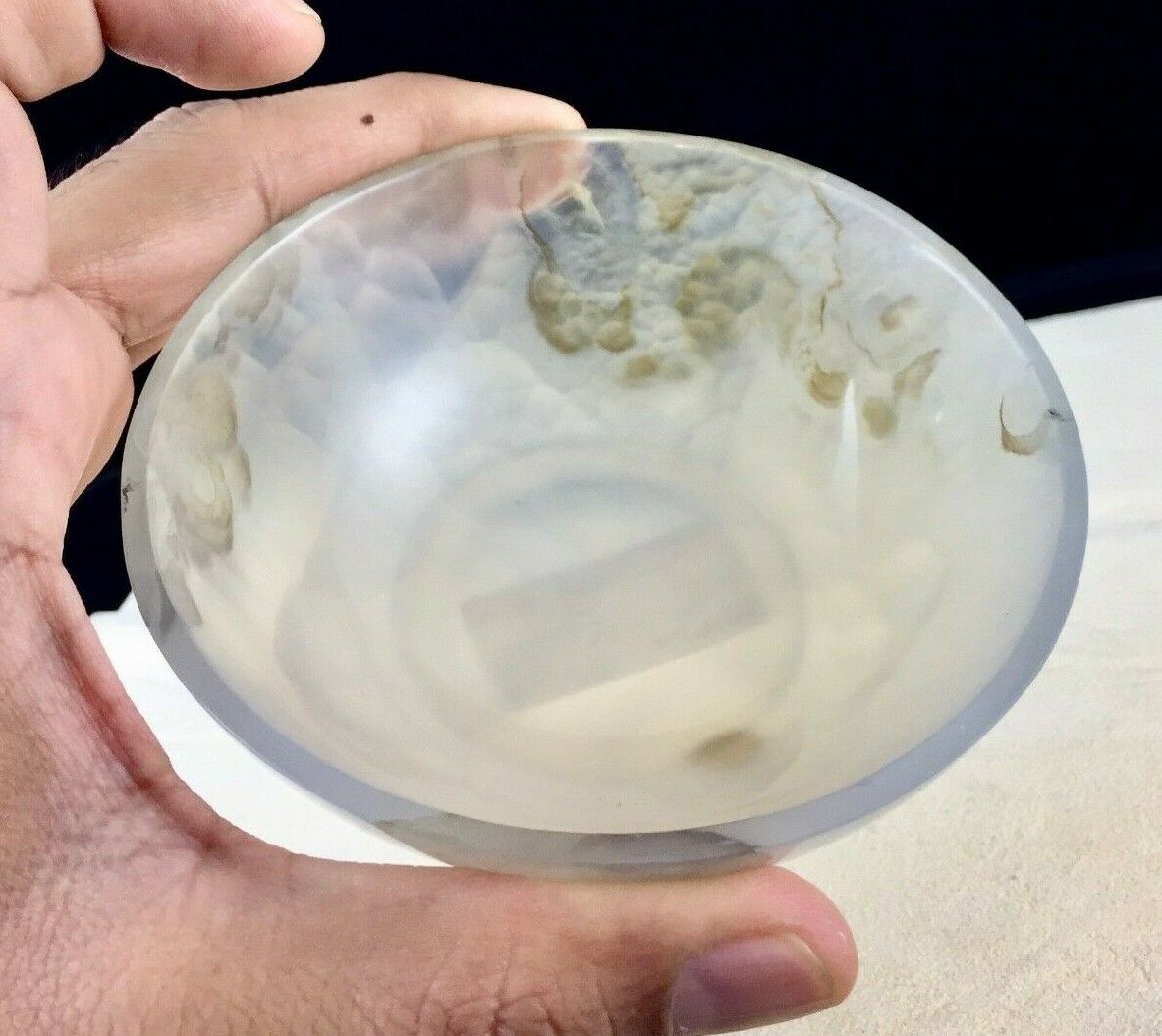 FINE CRAFTED NATURAL CHALCEDONY 845 CARATS CARVED DESIGNER BOWL FOR HOME DECOR