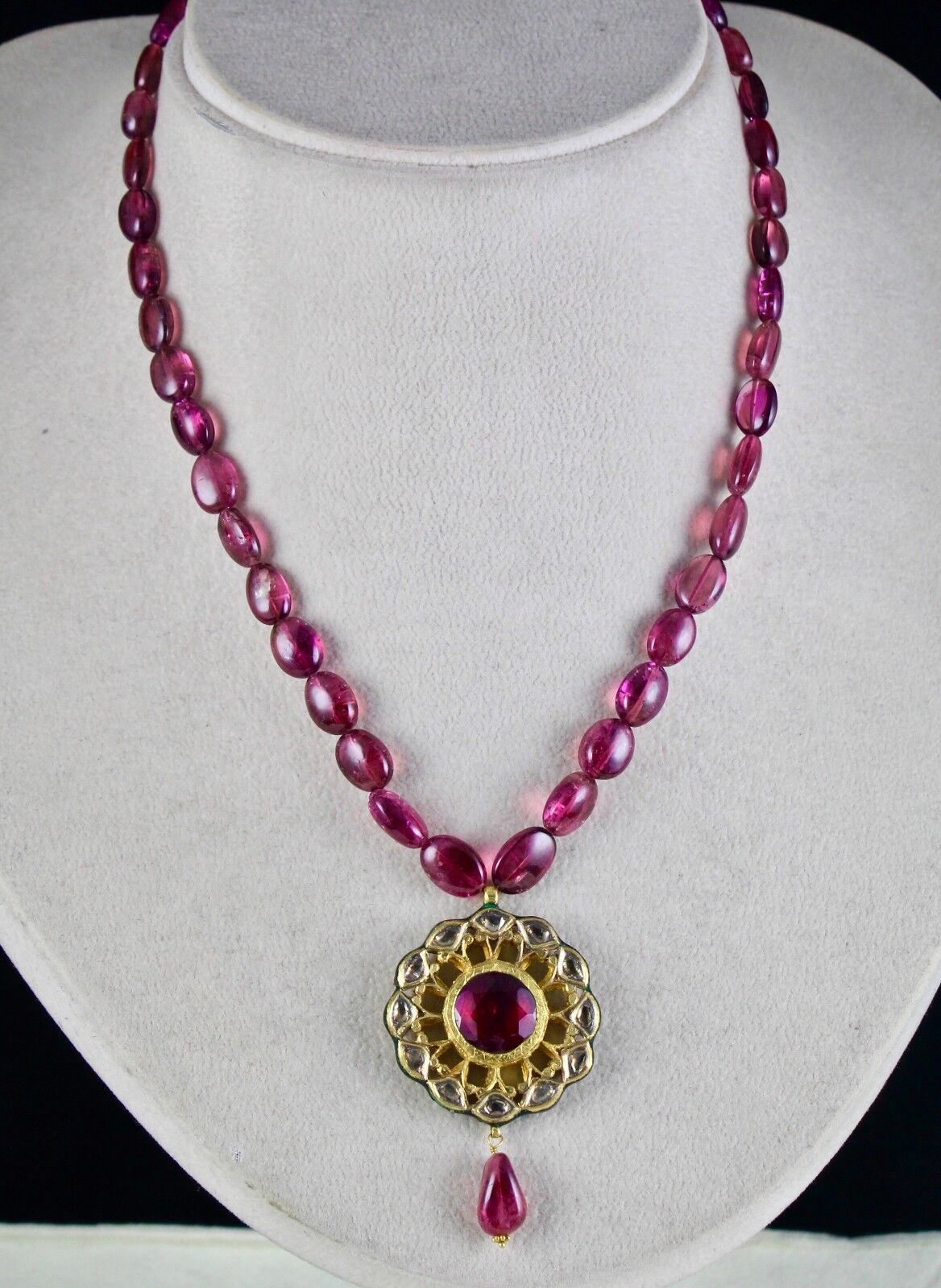 Antique Flat Diamond Natural Pink Tourmaline 22K Gold Jadau Pendant Earring Set