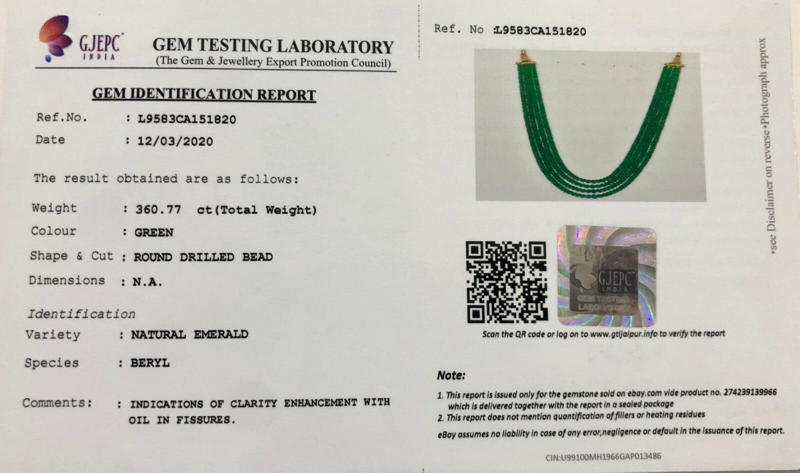 Certified Natural Emerald Diamond Beads Important Necklace 375 Ct Fine Gemstone