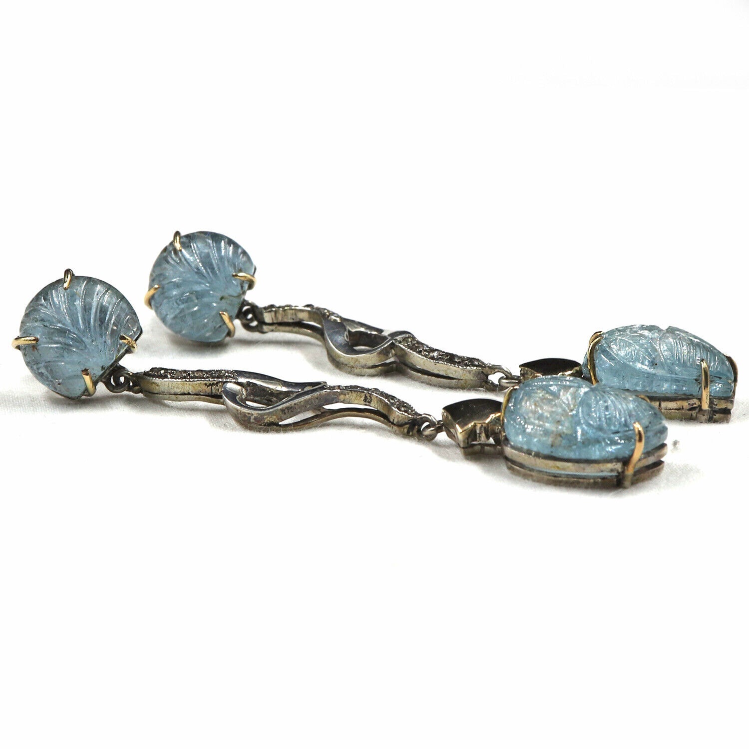 Natural Blue Aquamarine Carved Diamond 18K Gold 925 Silver Victorian Earring