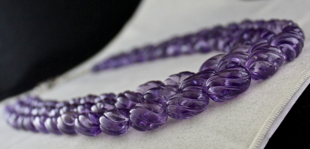 Natural Amethyst Beads Carved Oval 3 L 1373 Ct Purple Gemstone Silver Necklace