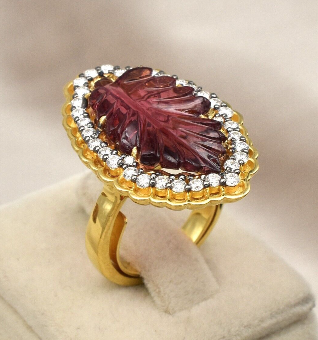 Certified Fine Pink Tourmaline 10ct Sterling Silver Leaf Moissanite Ring