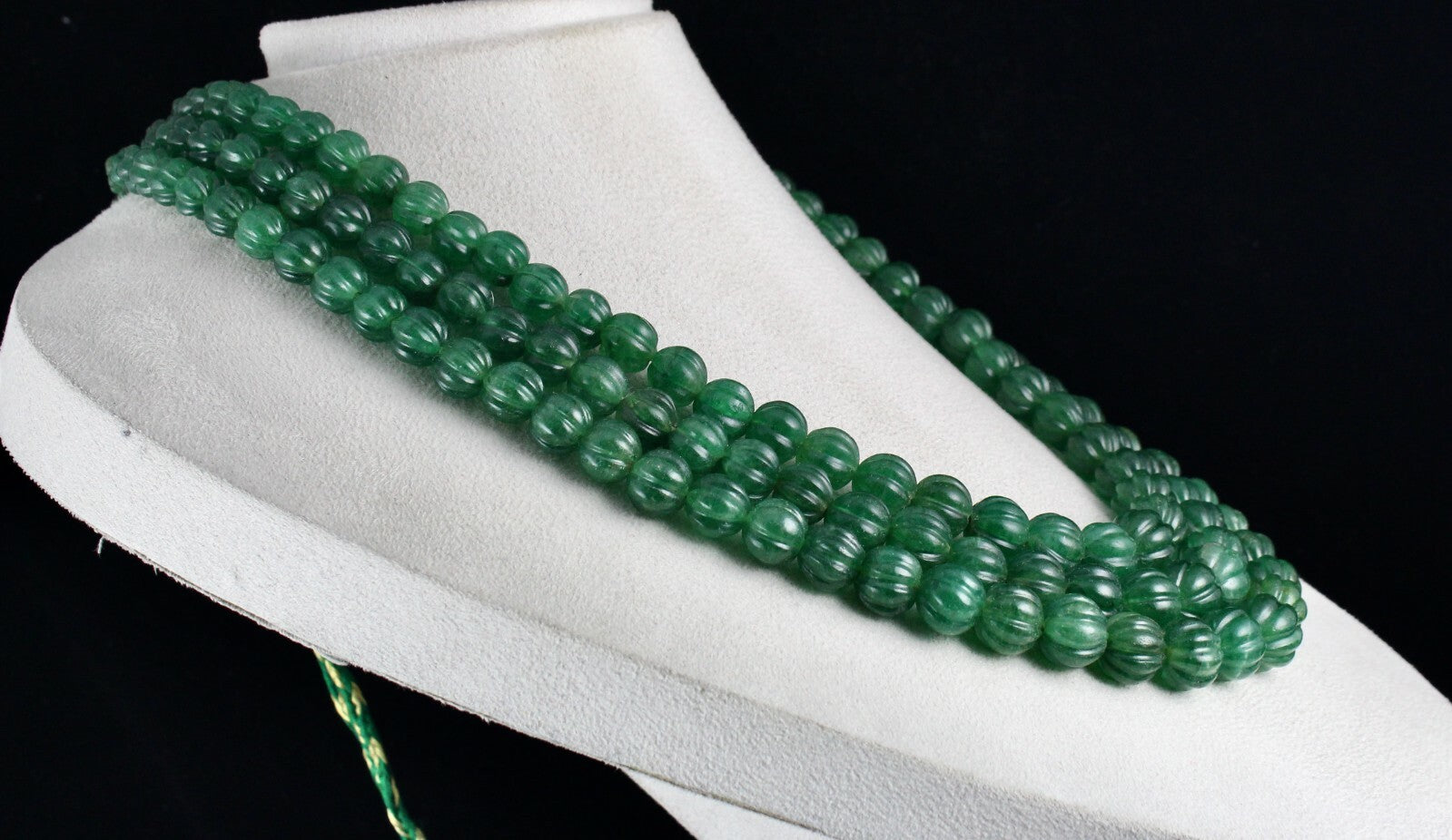 Emerald Green Quartz Melon Beaded Necklace 1486 Ct Carved Gemstone