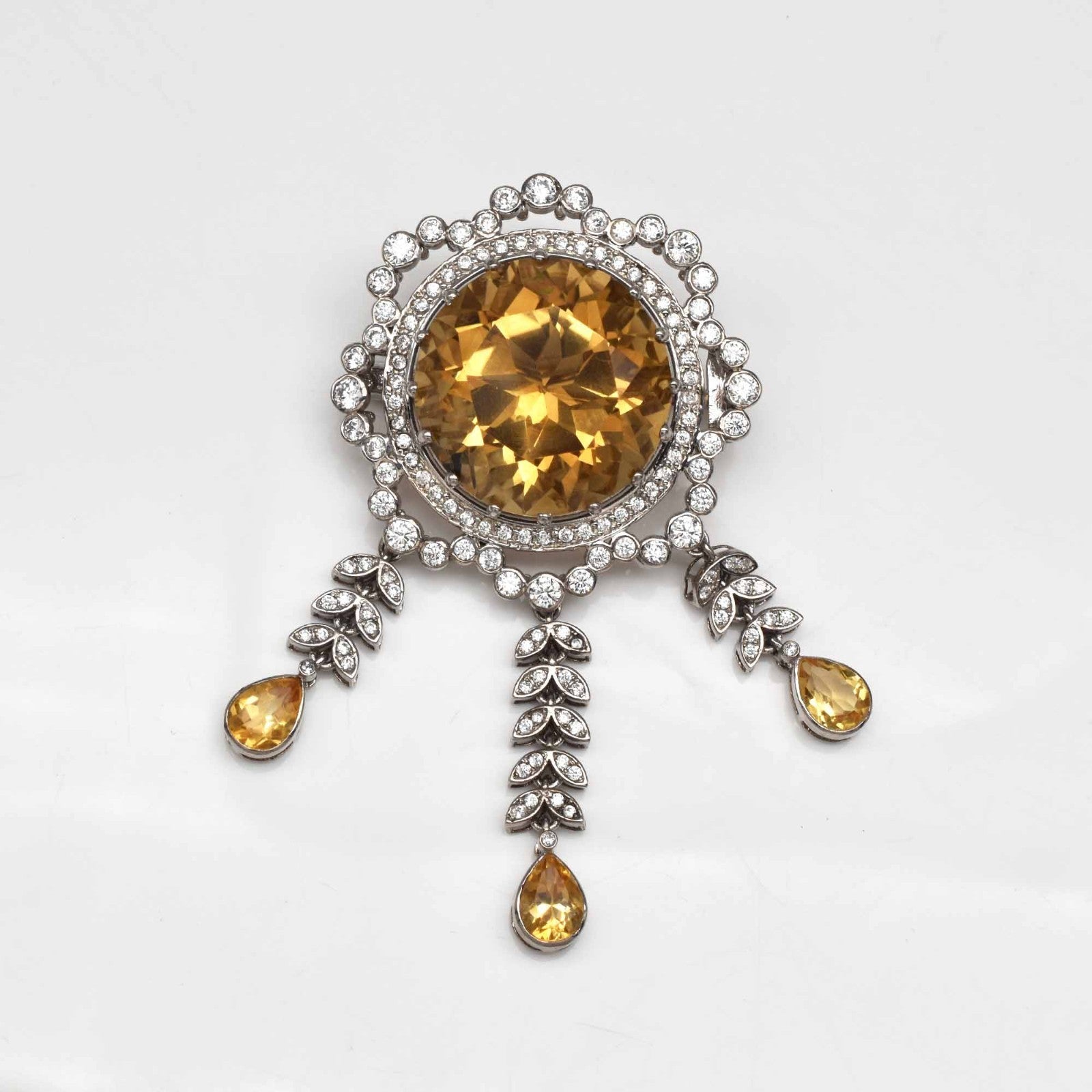 Natural Yellow Citrine Round Cubic Zirconia Stone Silver Brooch Pendant Unisex