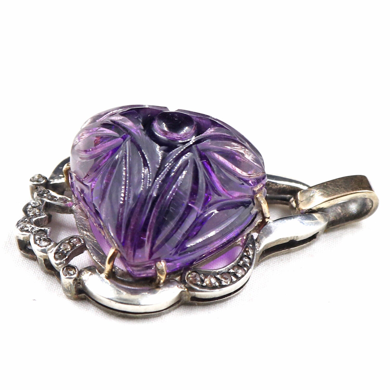 ANTIQUE NATURAL AMETHYST CARVED DIAMOND VICTORIAN PENDANT IN 925 SILVER & GOLD