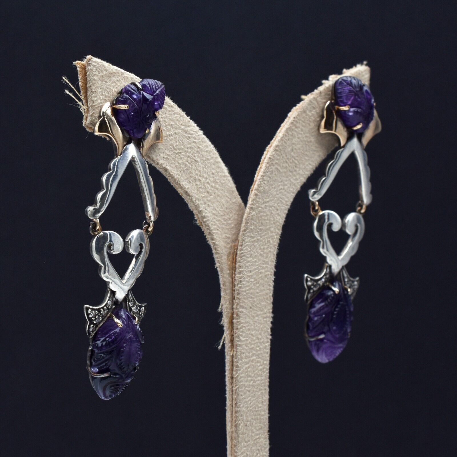 Fine Natural Amethyst Engraved Diamond 18K Gold Silver Victorian Dangle Earring