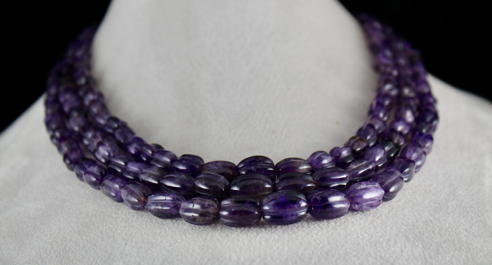 Antique 666 Ct Natural Amethyst Long Carved Purple Gemstone Beads Necklace