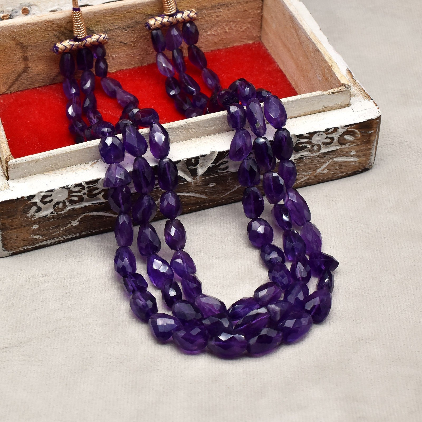 Natural Amethyst Faceted Tumble Beaded Necklace 3L 774 Ct Purple Gemstone String