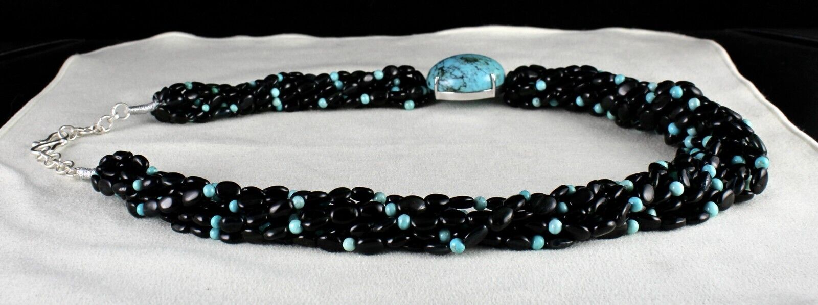 FINE NATURAL BLACK TOURMALINE TURQUOISE BEADED DESIGNER GEMSTONE SILVER NECKLACE