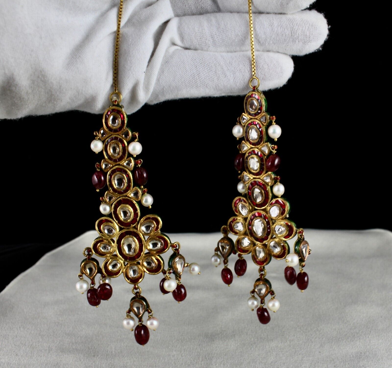 Antique Diamond Spinel Pearl 22K Gold Jadau Kundan Meena Ladies Dangle Earring