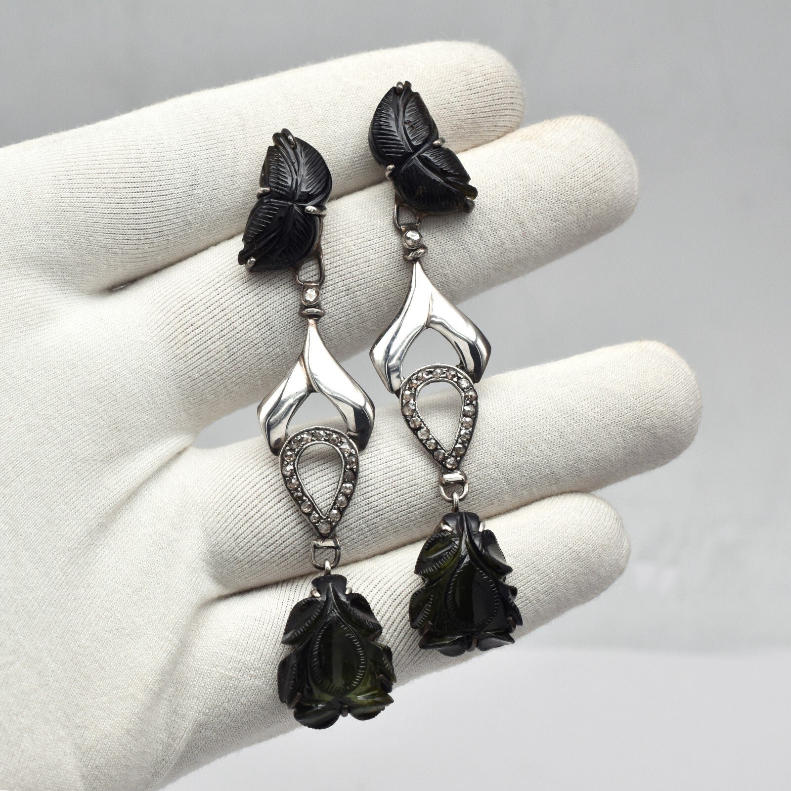 Estate Natural Green Tourmaline Diamond 10ct Sterling Silver Victorian Earrings