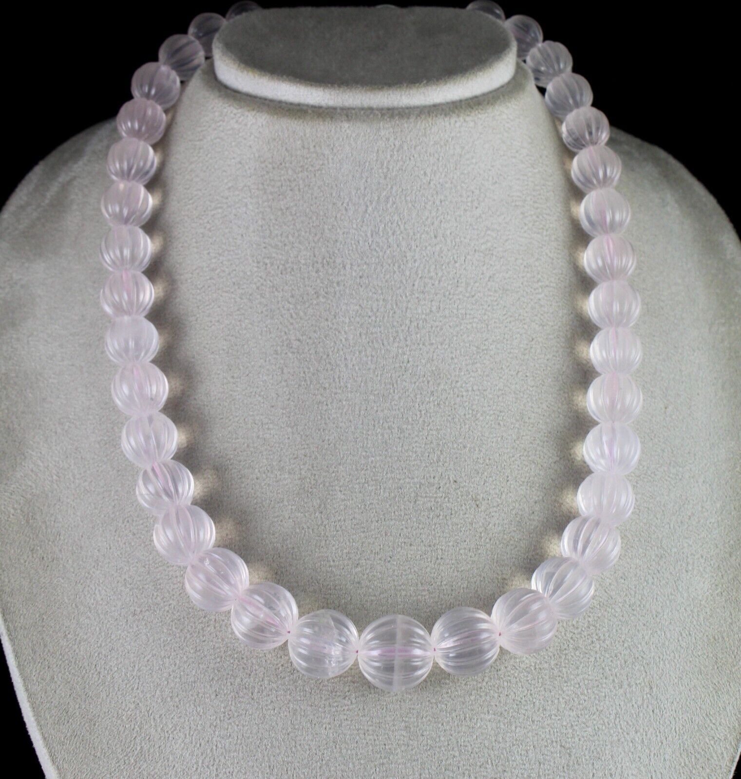 Rose Quartz Beaded Carved Necklace 1 L 750 Carats Natural Gemstone Silver clasp