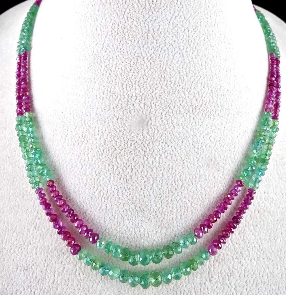 NATURAL COLOMBIAN EMERALD RUBY BEADS FACETED 2 LINE 89 CARATS GEMSTONE NECKLACE