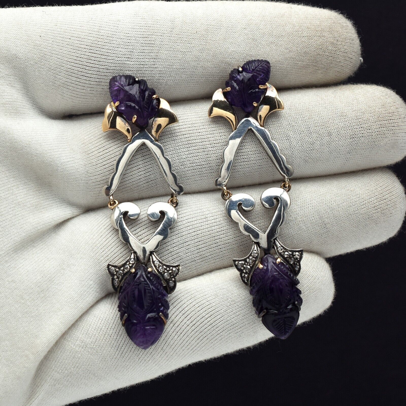 Fine Natural Amethyst Engraved Diamond 18K Gold Silver Victorian Dangle Earring