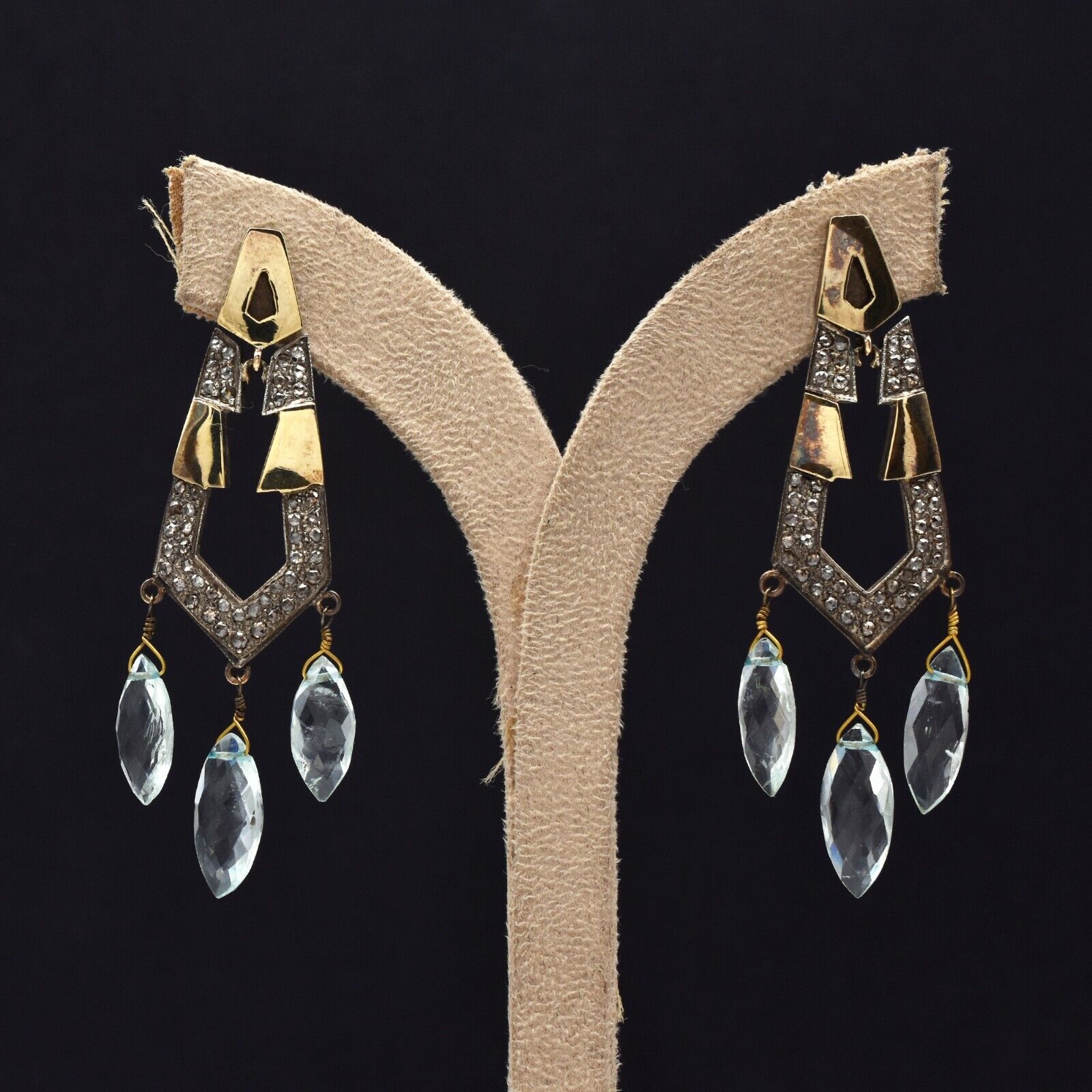 Vintage Natural Blue Aquamarine Diamond 18k Gold Silver Victorian Dangle Earring