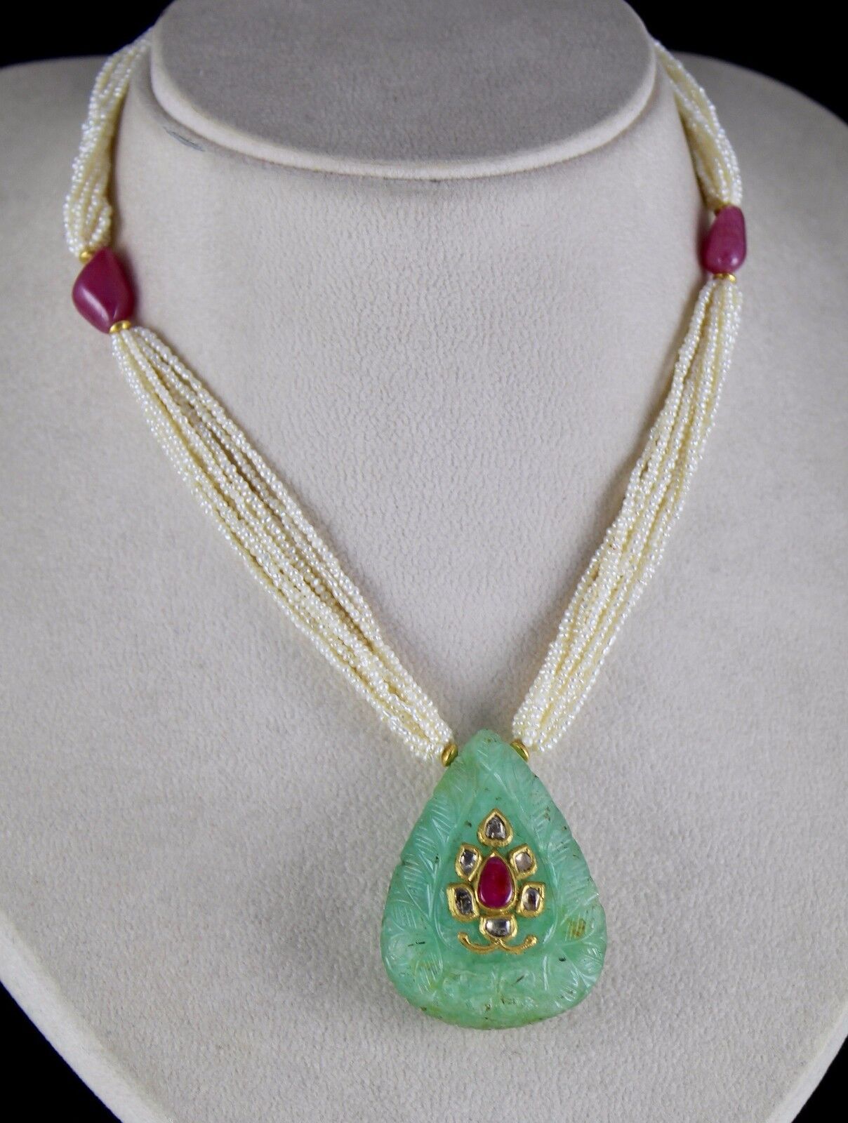 ANTIQUE NATURAL GREEN EMERALD QUARTZ RUBY DIAMOND PEARL 18KGOLD FASHION NECKLACE