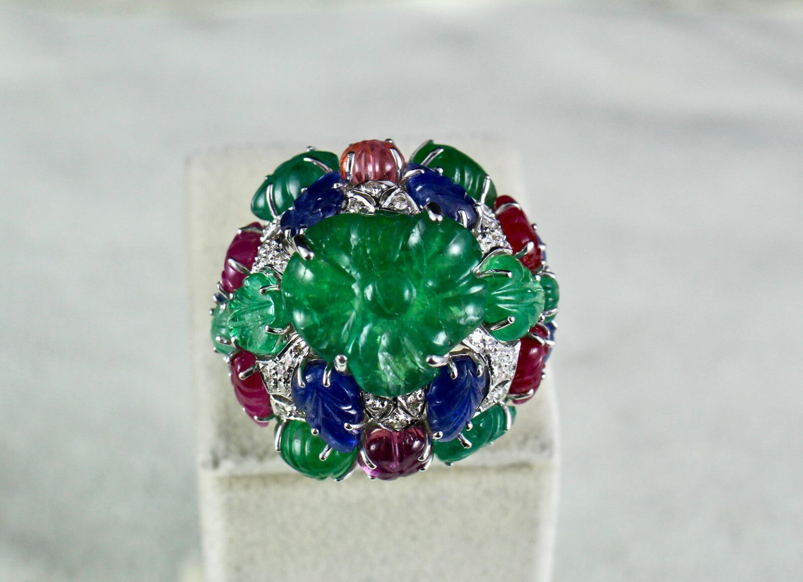 Certified Emerald Spinel Ruby 10ct Natural Diamond 18k Gold Tutti Frutti Ring