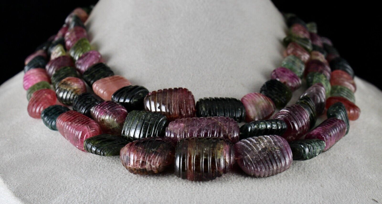 NATURAL MULTI TOURMALINE BEADS CARVED TUMBLE 3 LINE 1942 CTS GEMSTONE NECKLACE