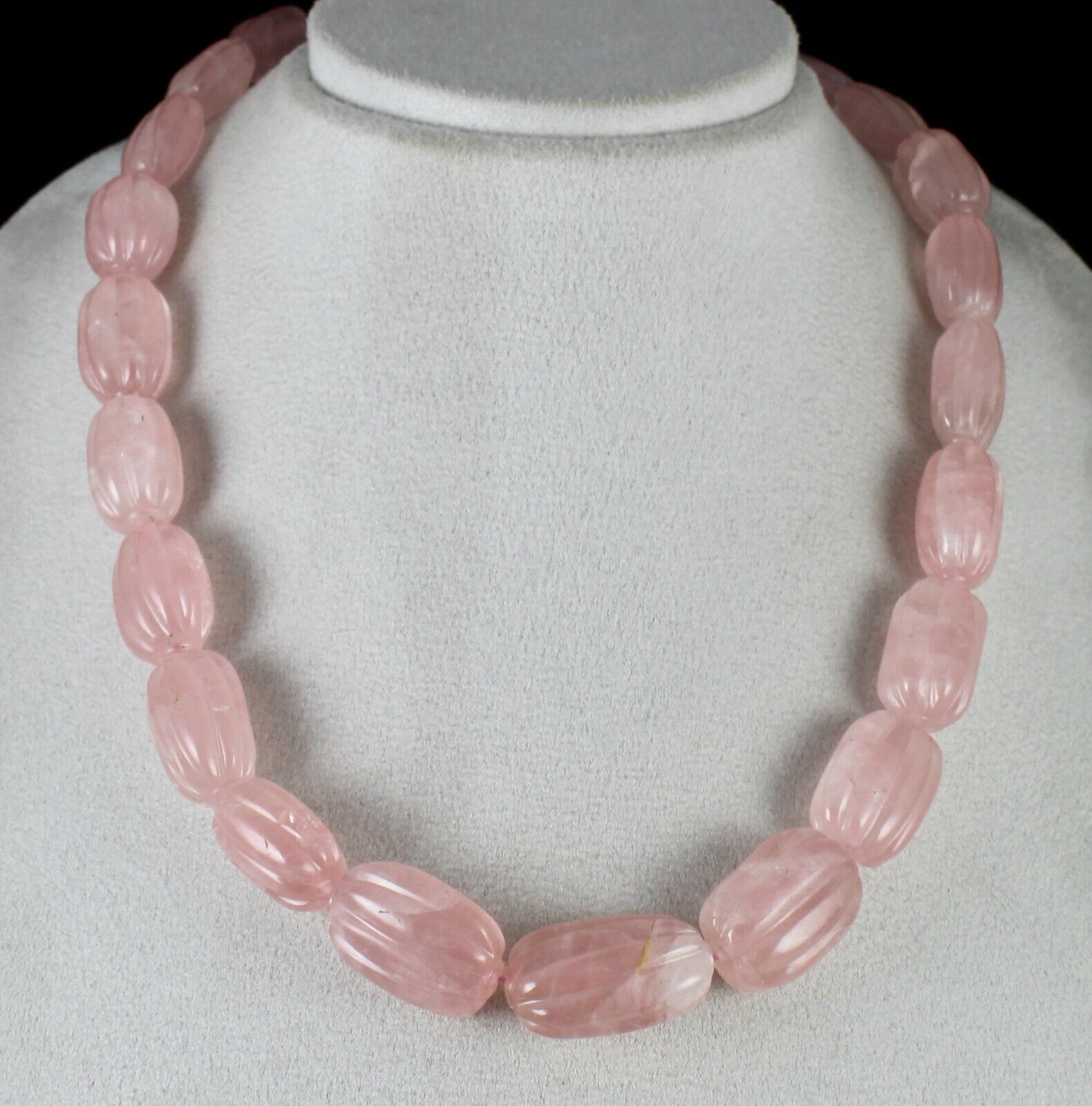 NATURAL ROSE QUARTZ MELON CARVED LONG BEADS 903 CARATS GEMSTONE SILVER NECKLACE