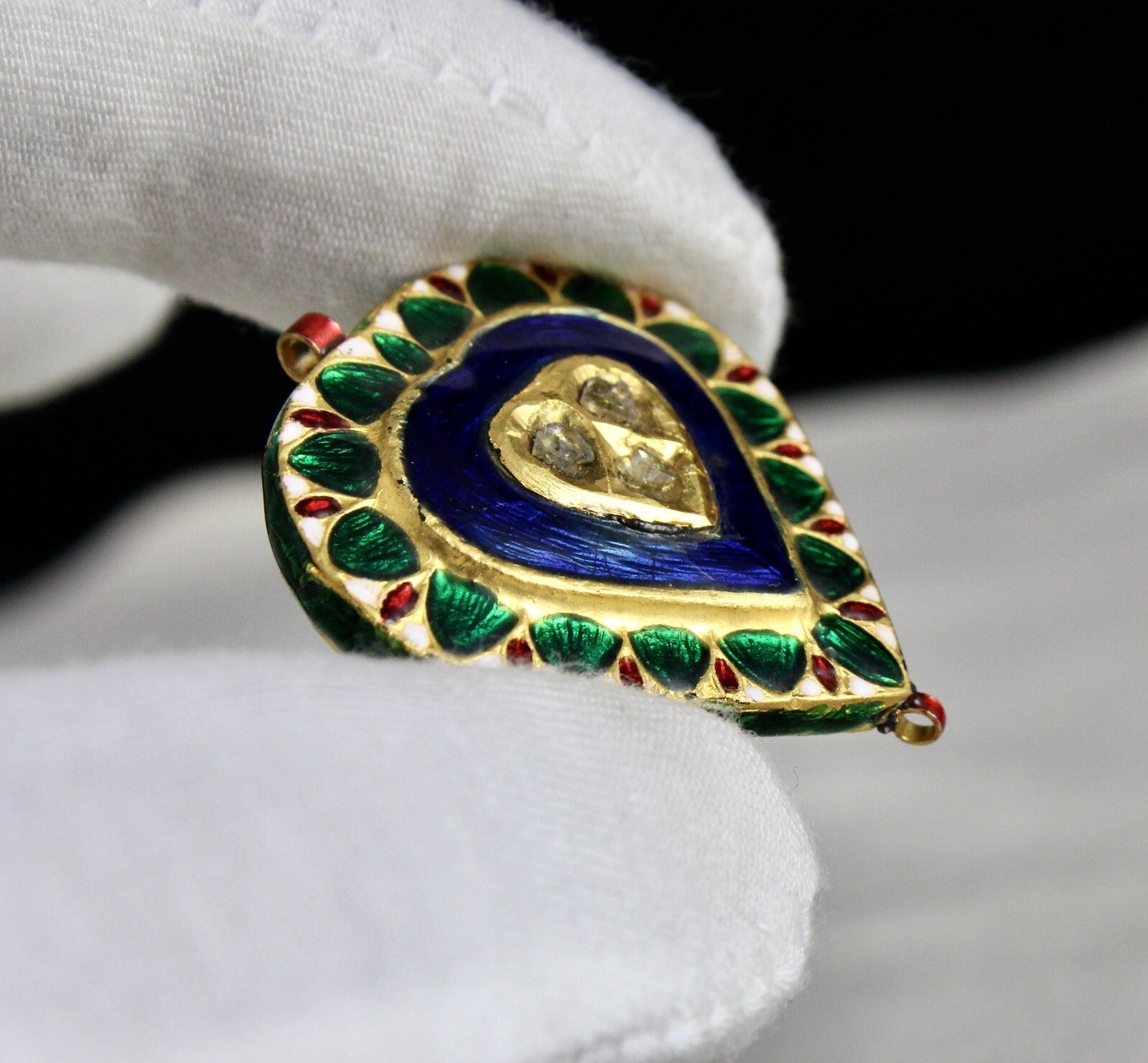 Antique Green Blue Jadau 62.75ct Natural Diamond 22k Kundan Meena Gold Pendant