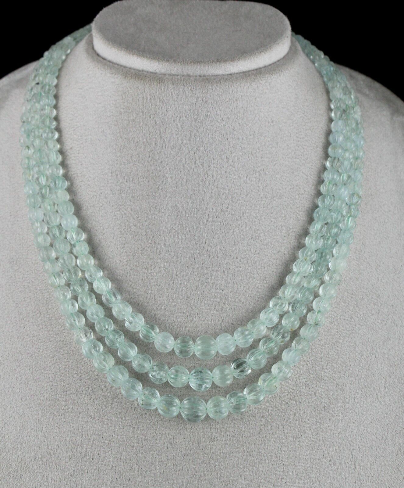 NATURAL BLUE AQUAMARINE CARVED MELON ROUND BEADS 3L 395 CTS GEMSTONE NECKLACE