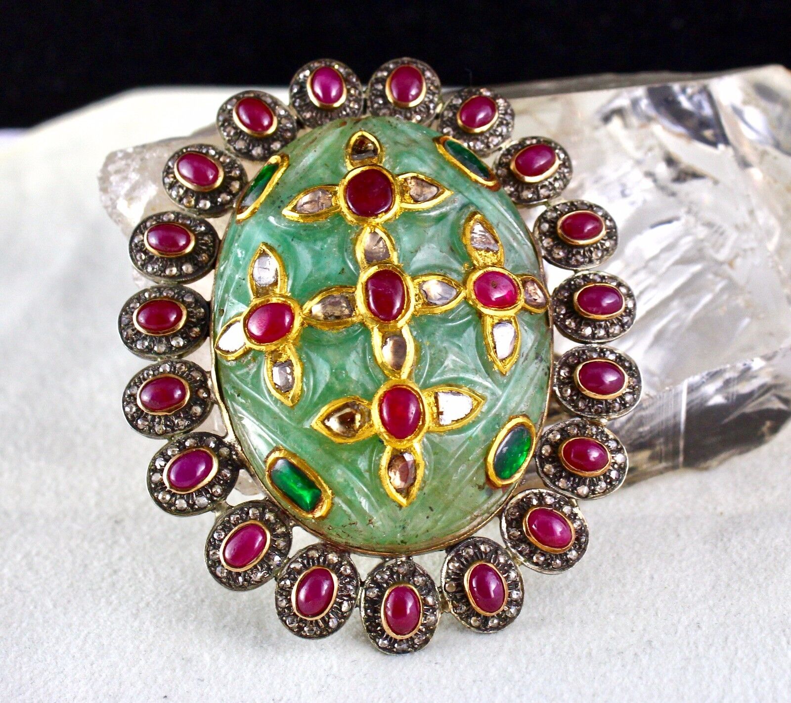 ANTIQUE NATURAL GREEN EMERALD QUARTZ RUBY DIAMOND 18K GOLD PENDANT IN 925 SILVER