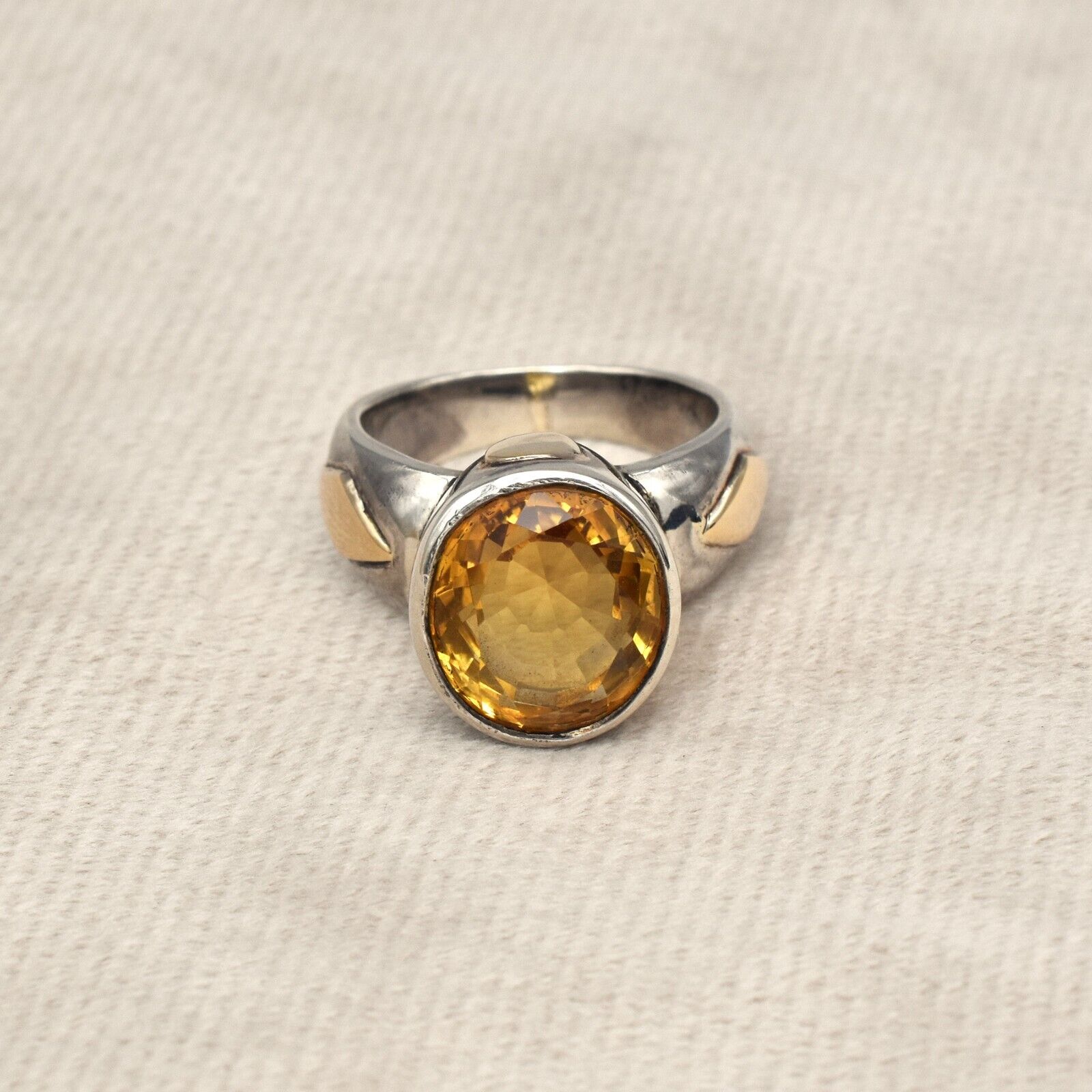 Vintage Yellow Citrine Cut Diamond 18k Gold 925 Silver Ladies Victorian Ring