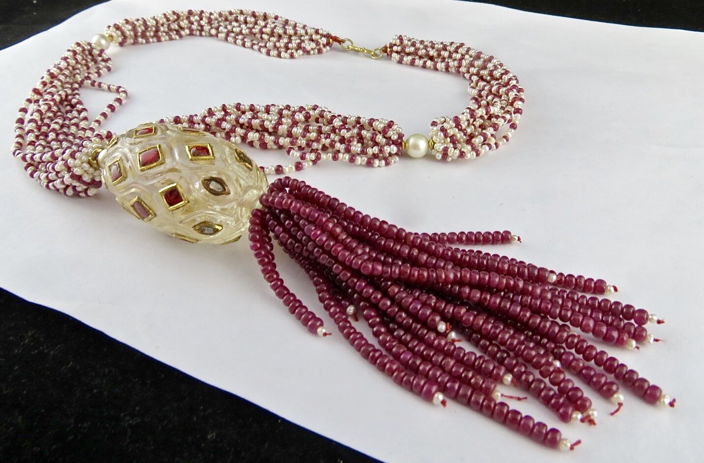 ANTIQUE NATURAL ROCK CRYSTAL QUARTZ 22K GOLD RUBY PEARL BEADS IMPORTANT NECKLACE