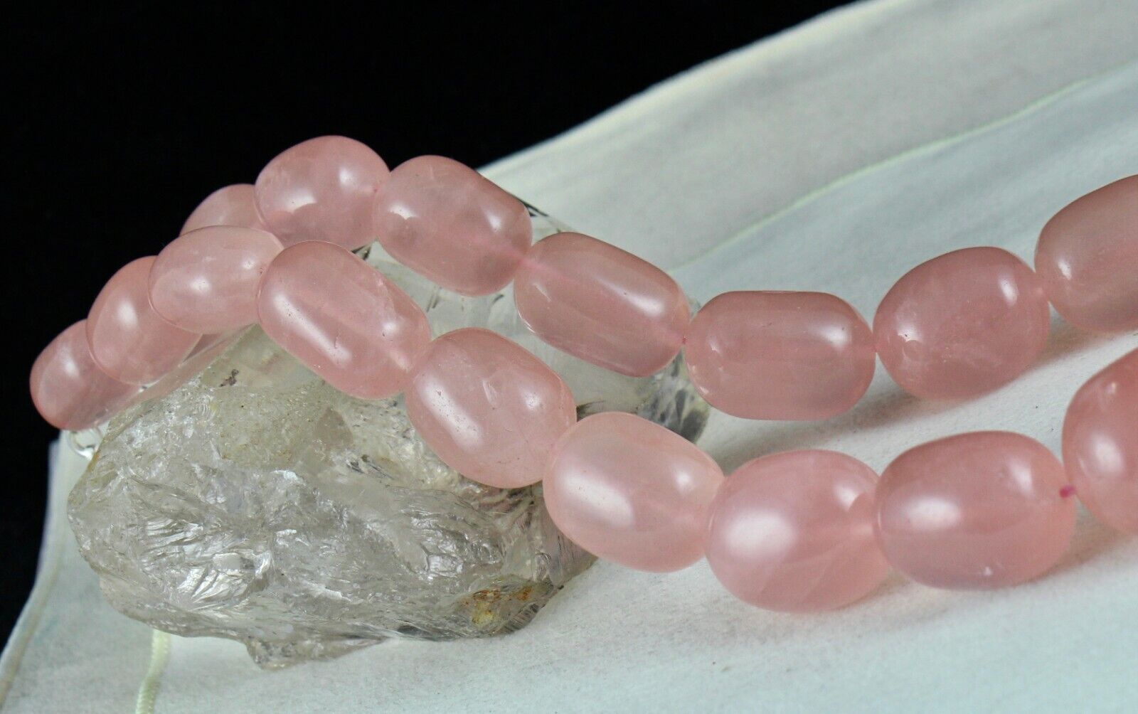 40MM NATURAL ROSE QUARTZ BEADS LONG CABOCHON 1406 CTS GEMSTONE SILVER NECKLACE